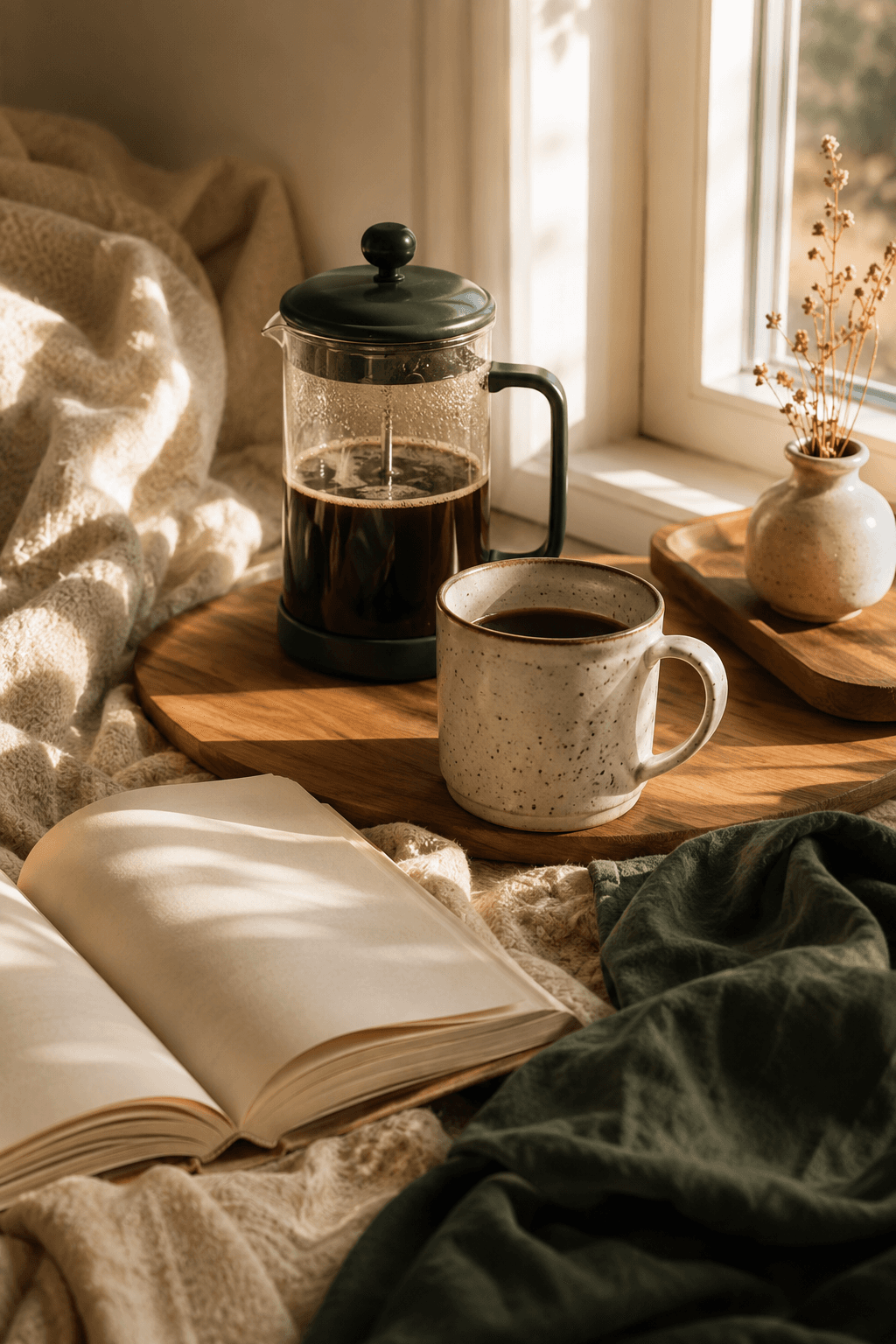 A cafetière and mug by a sunlit window