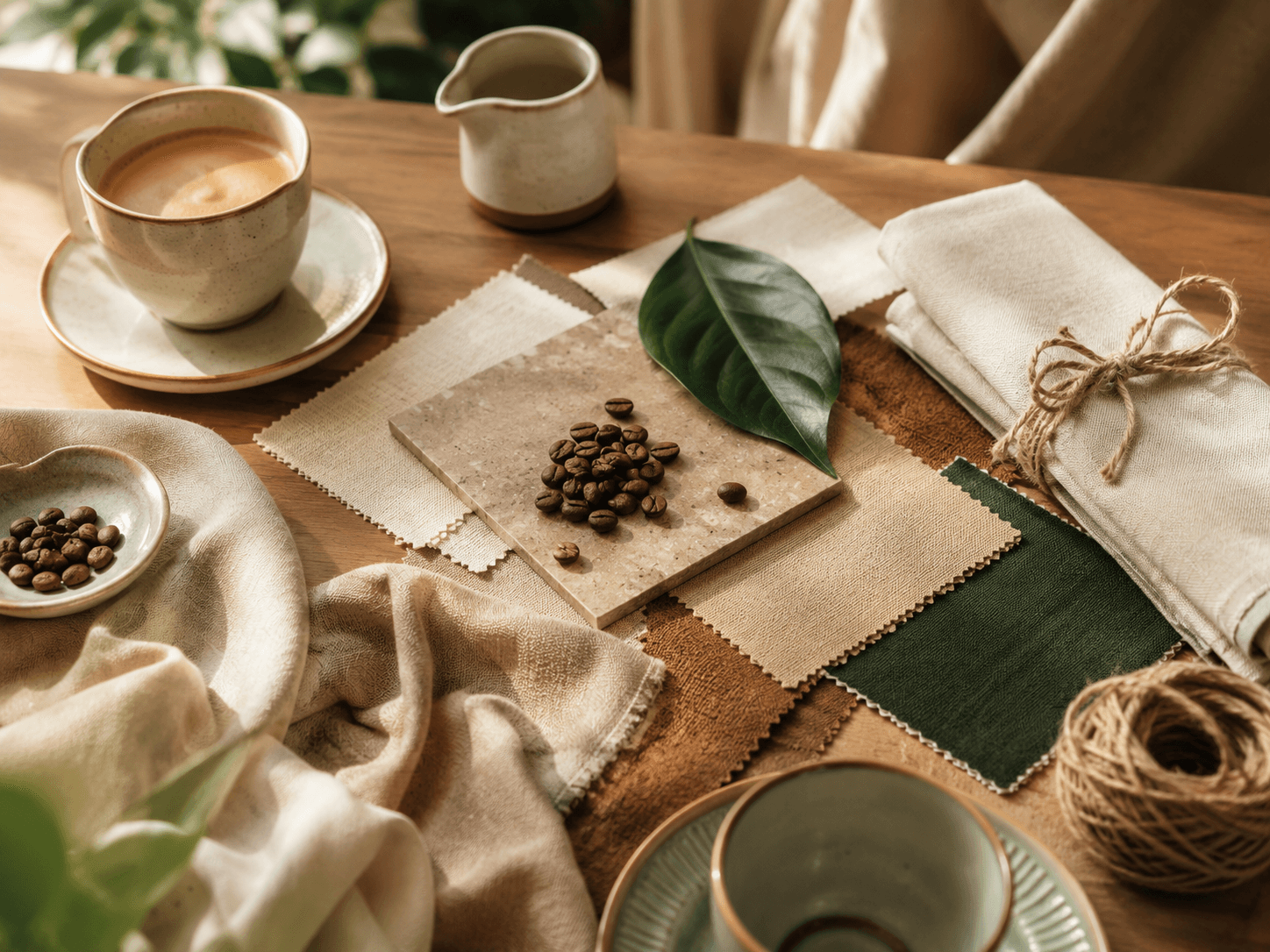 A warm styling moodboard of fabrics and coffee