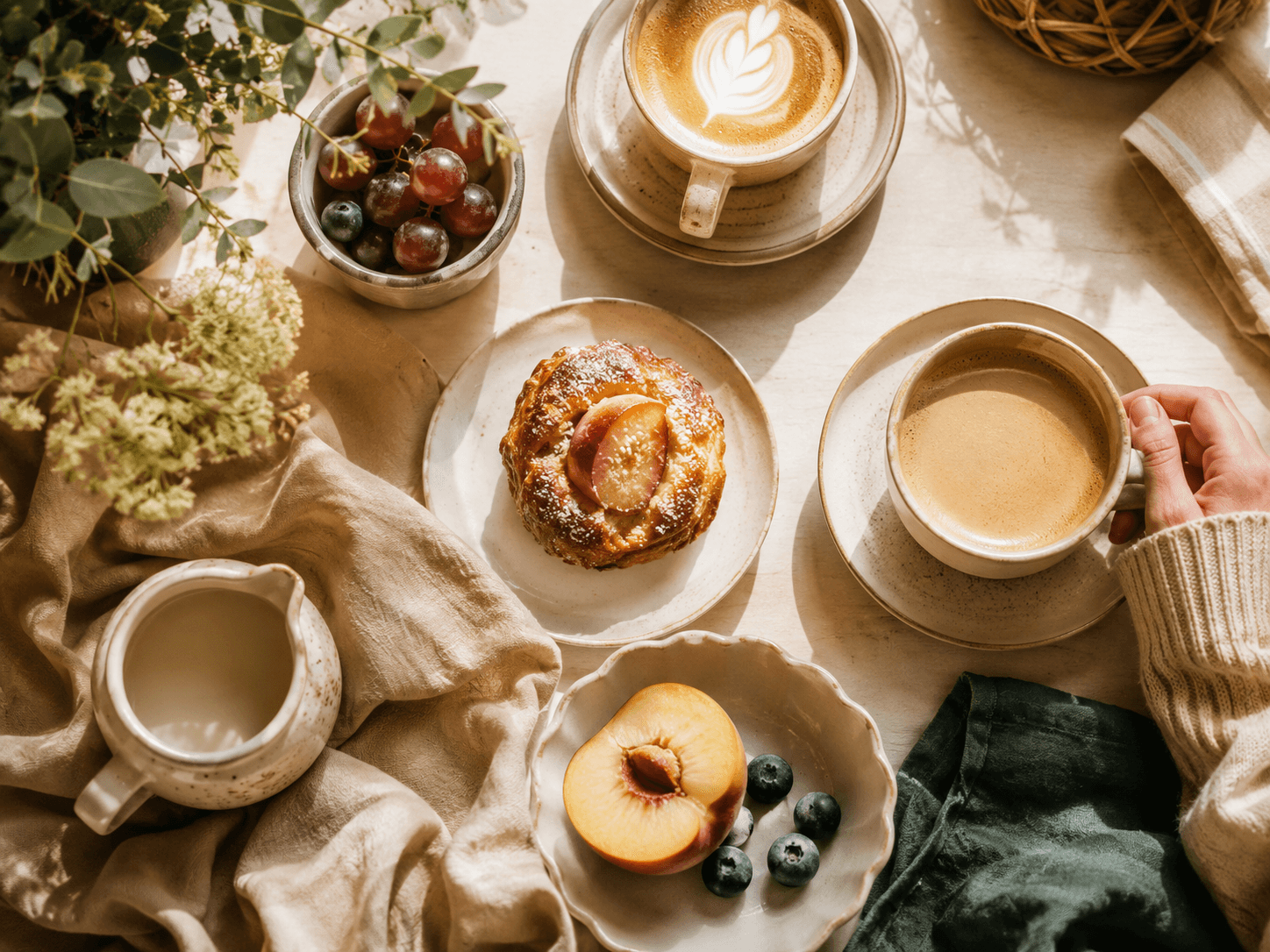 A brunch table flat-lay with coffee and greenery
