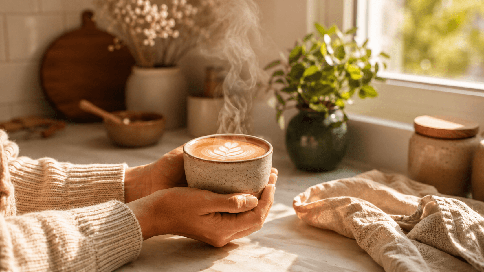 Hands cradling a latte with leaf art in soft morning light on a home counter